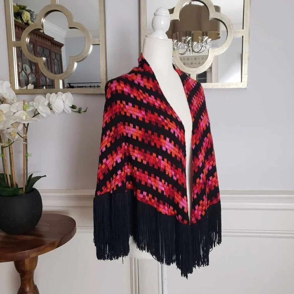 Vintage Handwoven Boho Scarf Cape Wrap Vibrant Geometric Pattern & Black Fringe
